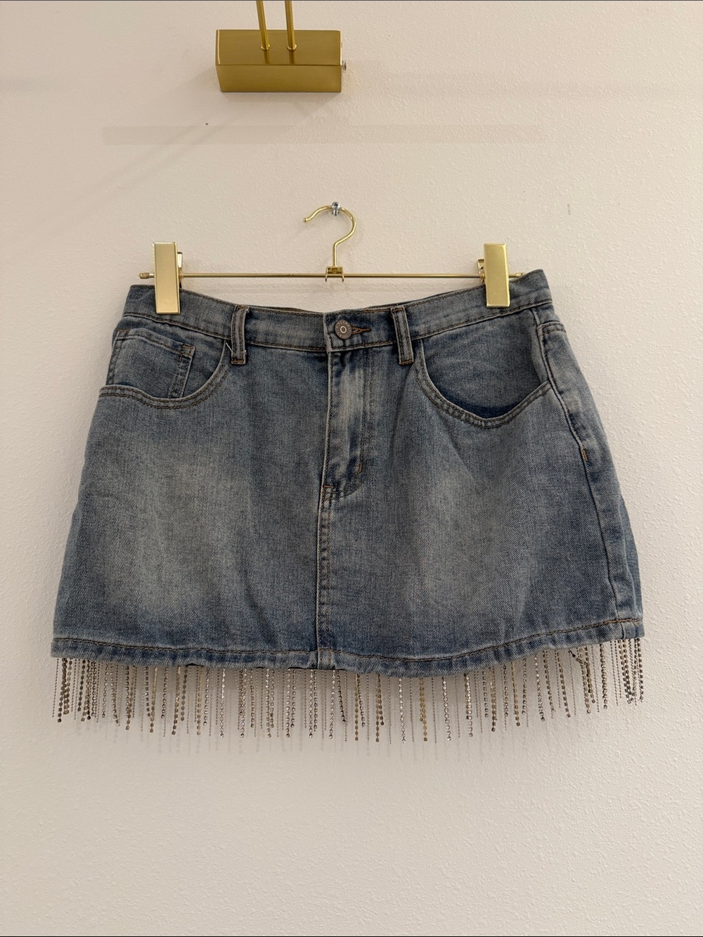 Sincerely Jules Denim Mini Skirt Crystal Rhinestone Fringe size 7 27